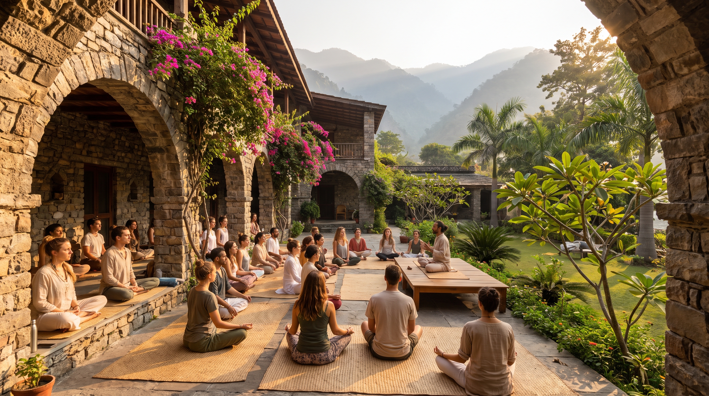 Yoga teacher training cost in Rishikesh India with students practicing