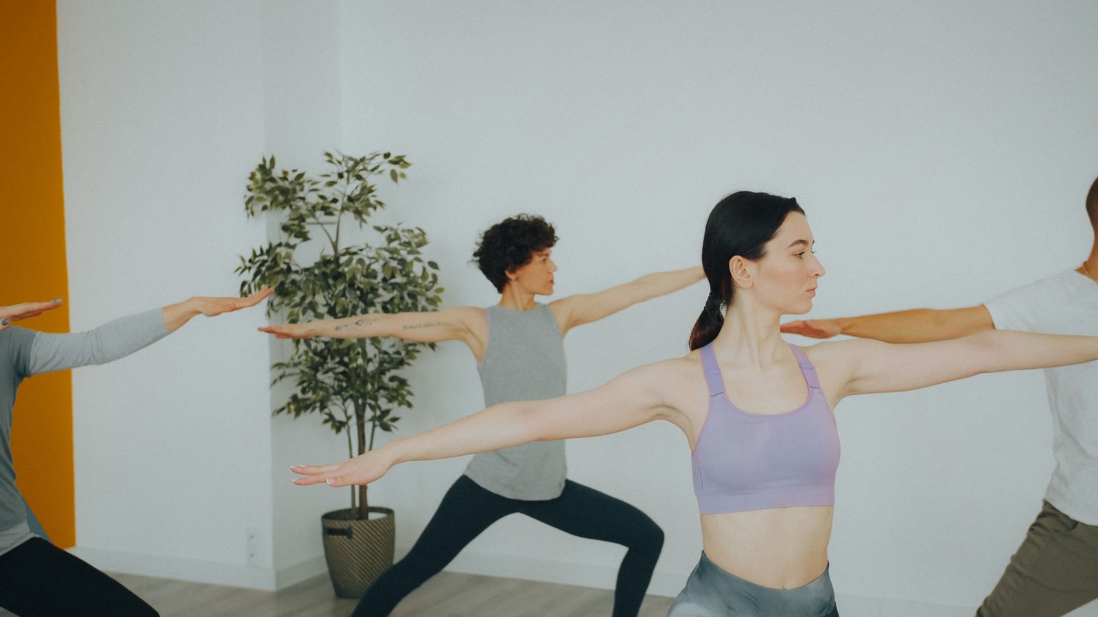 A studio class showing the in-person side of online vs in-person yoga teacher training